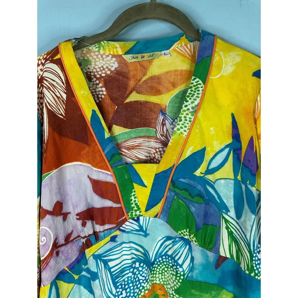Jams World tropical caftan dress vibrant watercolor floral print Size L - Picture 3 of 7